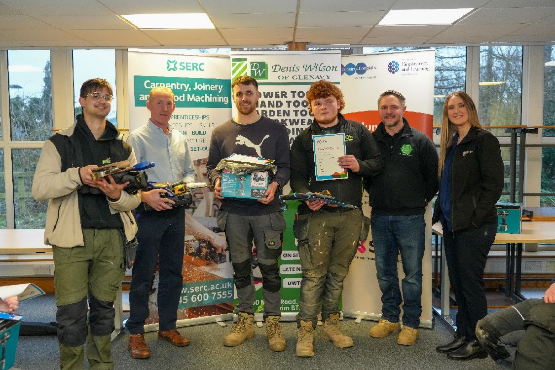 Picture of joinery winners with tutors and sponsors